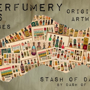 Peut inclure: Un collage de 26 pages d'illustrations vintage de flacons de parfum, chacun avec des étiquettes et des motifs uniques. Le titre "Perfumery" et "Original Artwork" sont affichés en haut du collage. Le texte "Stash of Dave by Dash of Dave" est affiché en bas du collage.