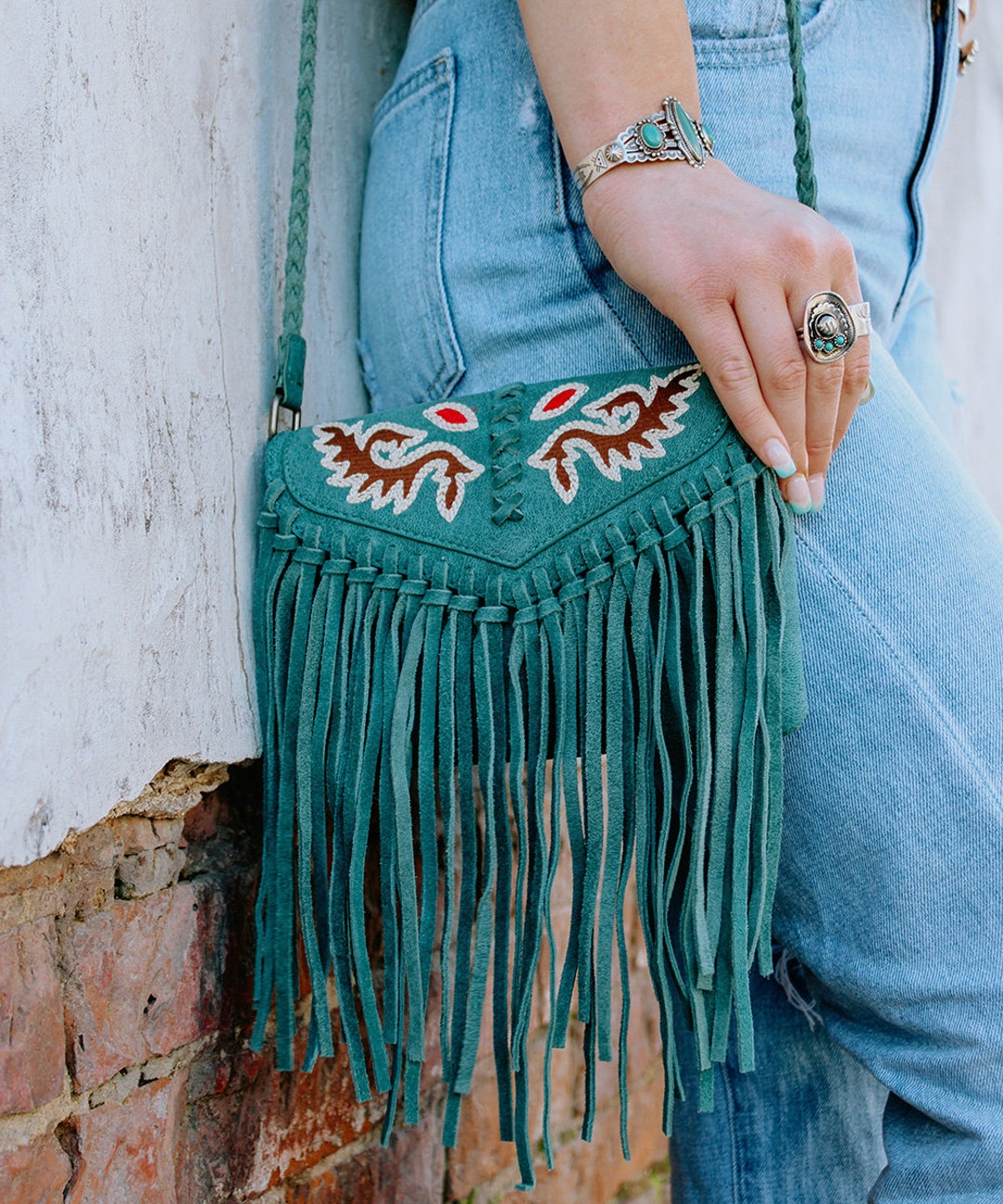 Handmade Genuine Leather Fringe Crossbody Bag Turquoise Purse Etsy