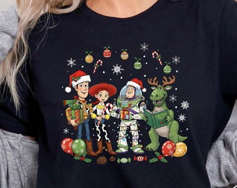 Disney Toy Story 5 Christmas Group Shirt, Buzz Lightyear Woody Rex Christmas Lights Tee, WDW Disneyland Holiday Family Christmas Sweatshirt