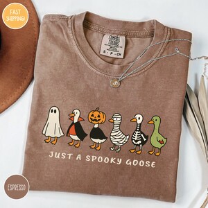 A t-shirt with a Halloween-themed design featuring a group of cartoon ducks dressed in costumes, including a ghost, a skeleton, and a mummy. The text on the t-shirt says "Just a Spooky Goose".