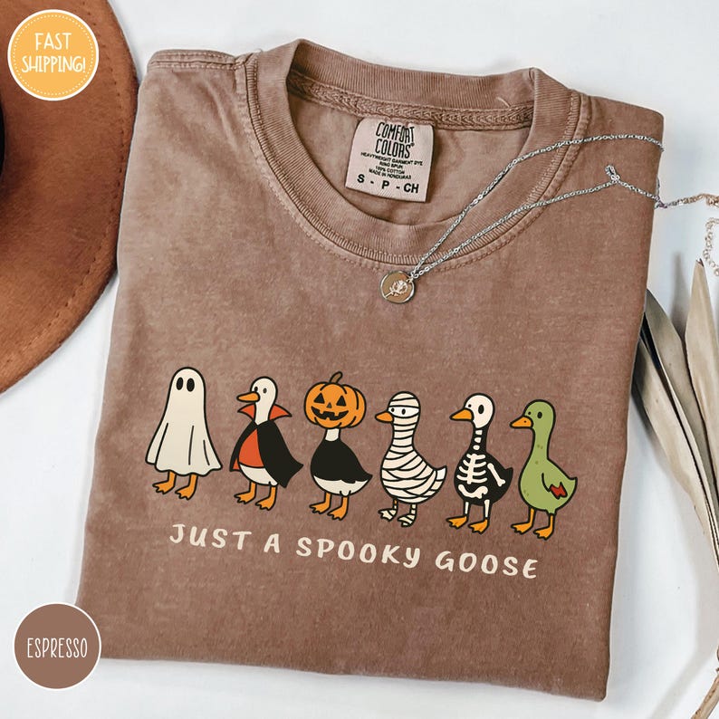 A t-shirt with a Halloween-themed design featuring a group of cartoon ducks dressed in costumes, including a ghost, a skeleton, and a mummy. The text on the t-shirt says "Just a Spooky Goose".