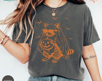 Comfort Colors® Raccoon Ghost Halloween Shirt, Trick Or Treat Tee, Cute Raccoon Pumpkin Costume Top, Spooky Season Gift, Retro Halloween