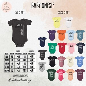 The image is a size chart and color chart for baby onesies, providing measurements and color options for different age groups and gender.