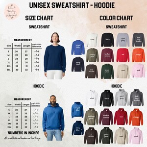 The image is a size chart and color chart for a unisex sweatshirt and hoodie, displaying various sizes and colors available in the product line.