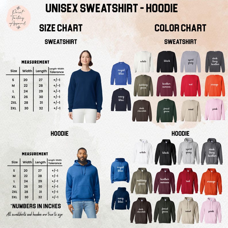 The image is a size chart and color chart for a unisex sweatshirt and hoodie, displaying various sizes and colors available in the product line.