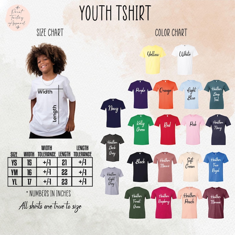 The image is a collage of various youth t-shirt designs, including different colors and styles, along with a size chart and color chart.