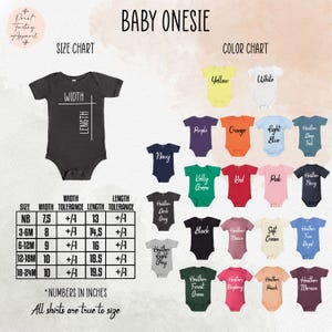 The image is a size chart and color chart for baby onesies, providing measurements and color options for different age groups and gender.