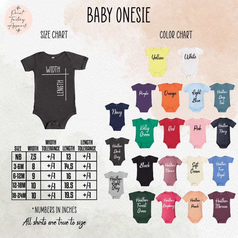 The image is a size chart and color chart for baby onesies, providing measurements and color options for different age groups and gender.