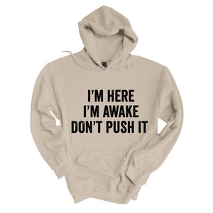 I'm Here I'm Awake Don't Push It Sweatshirt, Sarcastic Sweatshirt ...