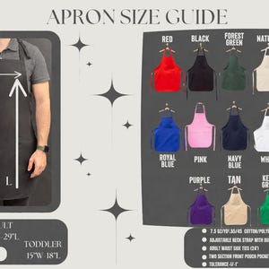 The image is a guide to aprons, providing information about the sizes and colors available. It includes a diagram of a person wearing a black apron, along with a list of aprons in various colors and sizes. The guide also provides dimensions and descriptions for the different apron styles.