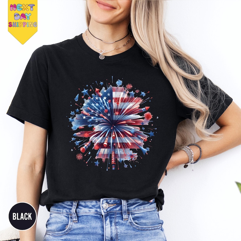 a woman wearing an american flag fireworks shirt