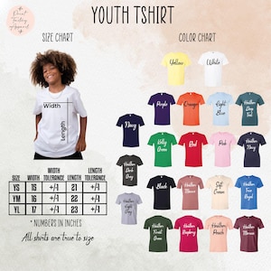 The image is a collage of various youth t-shirt designs, including different colors and styles, along with a size chart and color chart.