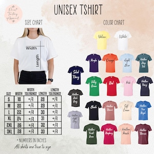 The image is a collage of various t-shirt designs, including different colors and styles, along with a size chart and a color chart. The collage is designed to showcase the different options available for purchasing a t-shirt, with the size chart providing a visual guide for selecting the appropriate size based on the individual's measurements.