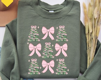 Coquette Bow Christmas Sweatshirt, Christmas Tree Shirt, Christmas Sweatshirt, Girly Christmas Sweater, Coquette Bow Sweater