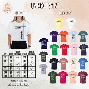 The image is a collage of various t-shirt designs, including different colors and styles, along with a size chart and a color chart. The collage is designed to showcase the different options available for purchasing a t-shirt, with the size chart providing a visual guide for selecting the appropriate size based on the individual's measurements.
