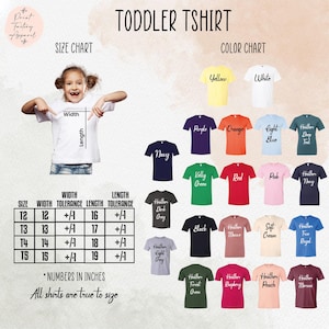 The image is a size chart and color chart for a toddler t-shirt, showing the different sizes and colors available for the t-shirt.
