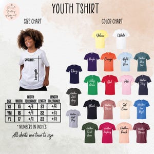 The image is a collage of various youth t-shirt designs, including different colors and styles, along with a size chart and color chart.