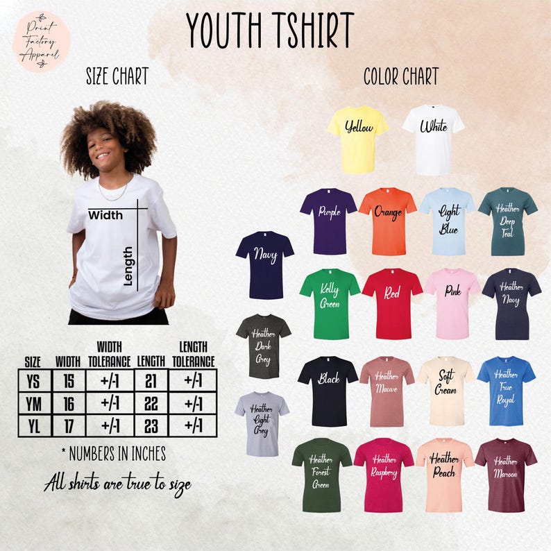 The image is a collage of various youth t-shirt designs, including different colors and styles, along with a size chart and color chart.