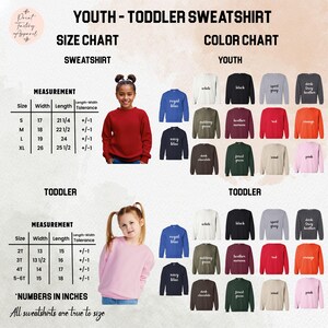 The image is a size chart and color chart for a youth and toddler sweatshirt, providing measurements and color options for different age groups.