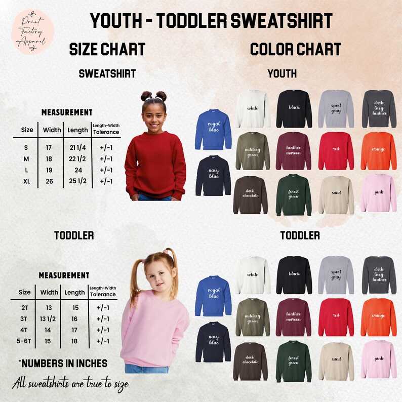 The image is a size chart and color chart for a youth and toddler sweatshirt, providing measurements and color options for different age groups.