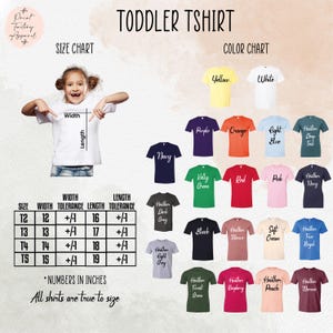 The image is a size chart and color chart for a toddler t-shirt, showing the different sizes and colors available for the t-shirt.