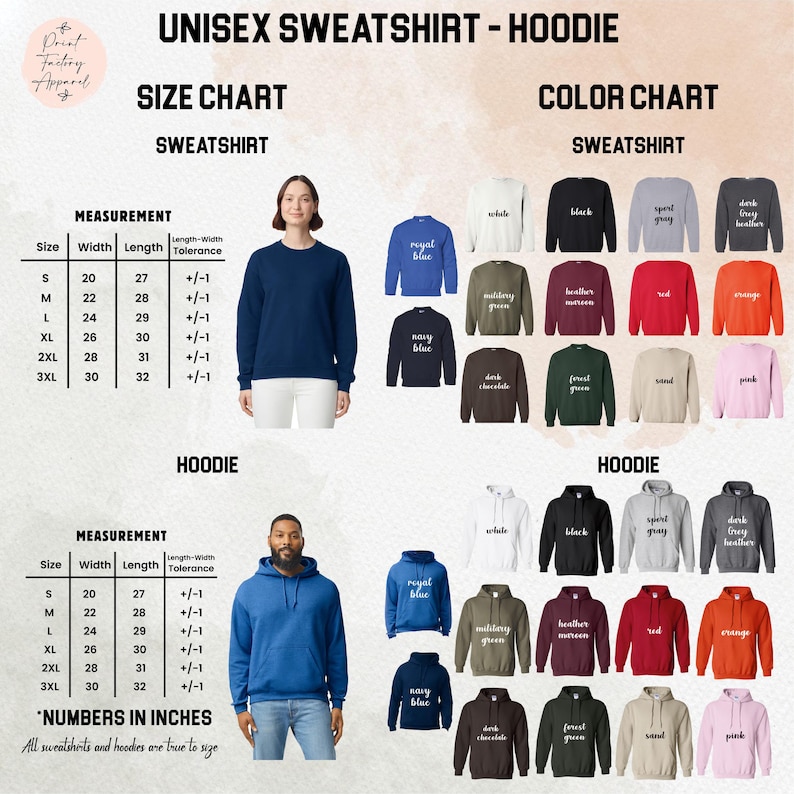 The image is a size chart and color chart for a unisex sweatshirt and hoodie, displaying various sizes and colors available in the product line.