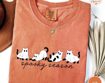 Comfort Colors® Spooky Season Cat Halloween Shirt, Spooky Season T-Shirt, Ghost Cat bat Shirt, Halloween Gift, Stay Spooky Shirt
