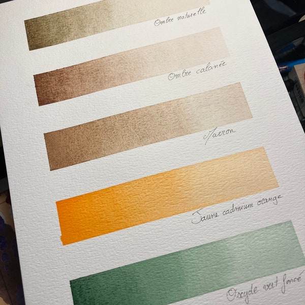 Aquarelle artisanale couleur terre, jaune et vert oxyde foncé