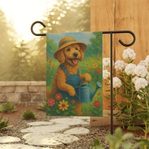 Decoración Golden Doodle, pancarta de perro para jardín, adorable perro, bandera para casa de cachorro, letrero para jardín exterior, decoración del hogar, regalo para amantes de las mascotas