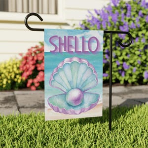 Garten & Haus Banner, Shello Strand Flagge, Küstenhof Dekor, Muschel Garten Flagge, Outdoor Nautical Decor, Muschel Gartenschild, Terrasse Banner,