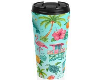 Tropical Florida Pattern Stainless Steel Travel Mug | Palm Trees Flamingo Seashells
