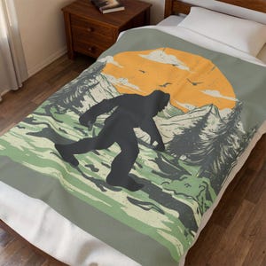 Bigfoot Velveteen Plush Blanket | Sasquatch Forest Throw Blanket | Rustic Cabin Decor | Big Foot Mountain Blanket | Cozy Camping Gift