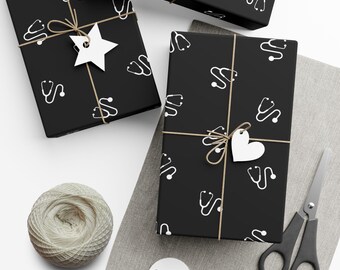 Papier prezentowy dla lekarza i pielęgniarki, stetoskop, profesjonalne opakowanie prezentu, papier do pakowania dla pracowników służby zdrowia, eleganckie opakowanie prezentu medycznego