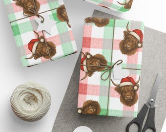 Plaid Highland Cow Santa Wrapping Paper | Christmas Wrapping Paper, Country Cow Lover, Xmas Holiday Farm Gift Wrap