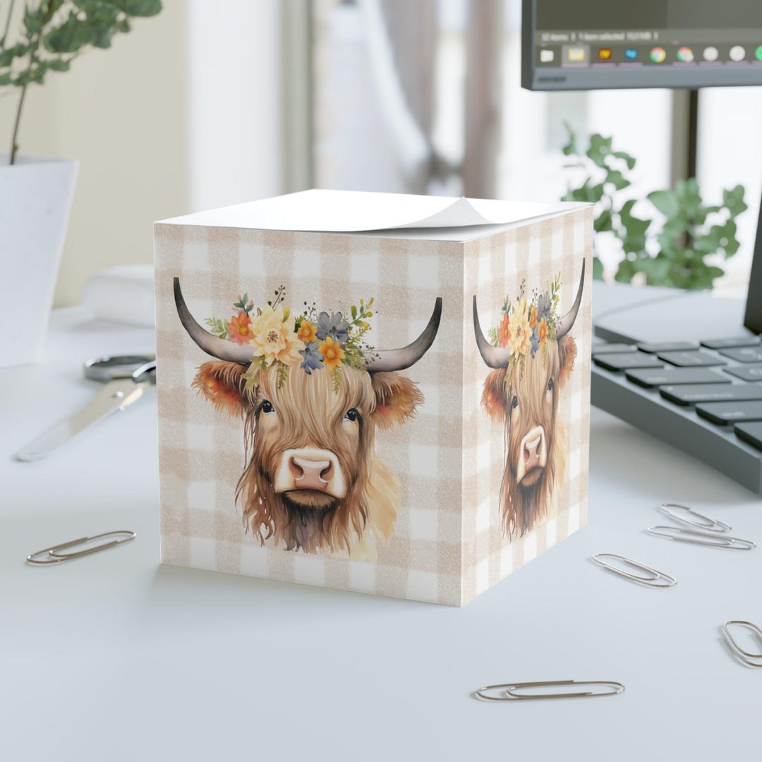 Cow Notes Floral Highland Cow Note Cube | Cute Stationery, Rustic Office Decor ...