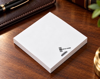 May include: A square stack of white paper notes featuring a small, dark gray icon of a judge's gavel and a sounding block printed in the bottom right corner. The paper stack has clean, sharp edges and a smooth, matte surface texture throughout.