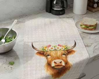 Asciugamano da cucina con motivo a nido d'ape raffigurante una mucca delle Highlands con corona di fiori