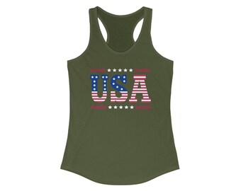 May include: Olive green racerback tank top with the word "USA" in red, white, and blue, with stars above and below the text. The tank top is made of a soft material.