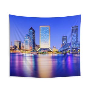 Colorful City Scene Jacksonville Riverbank Duval County Skyline Indoor Wall Tapestry