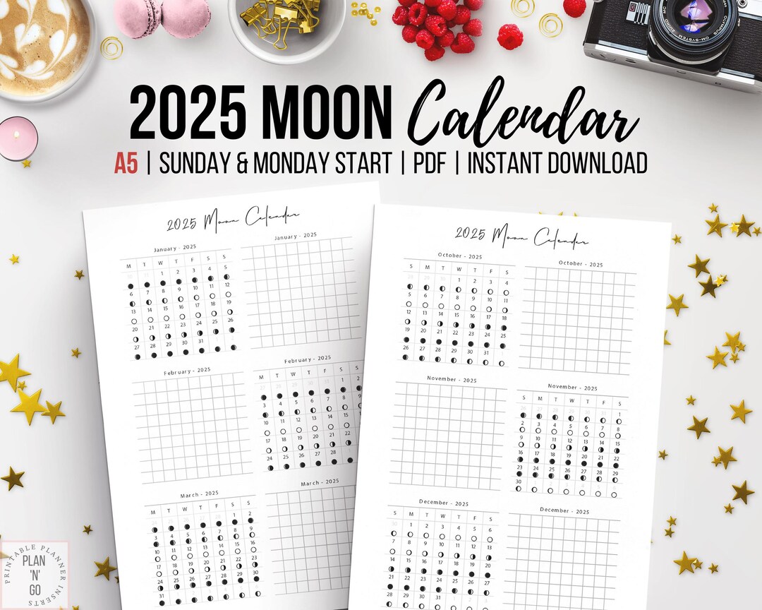2025 Moon Calendar, Printable Monthly Planner, Sunday & Monday Start