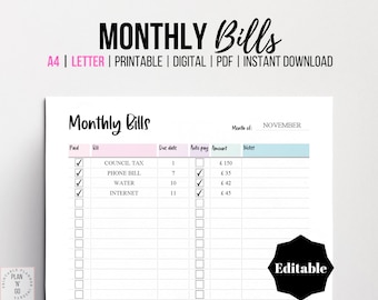 Editable Bill Tracker, Monthly Bill Planner, Bill Payment Checklist, Printable Expense Tracker, Bill Payment, A4, Letter