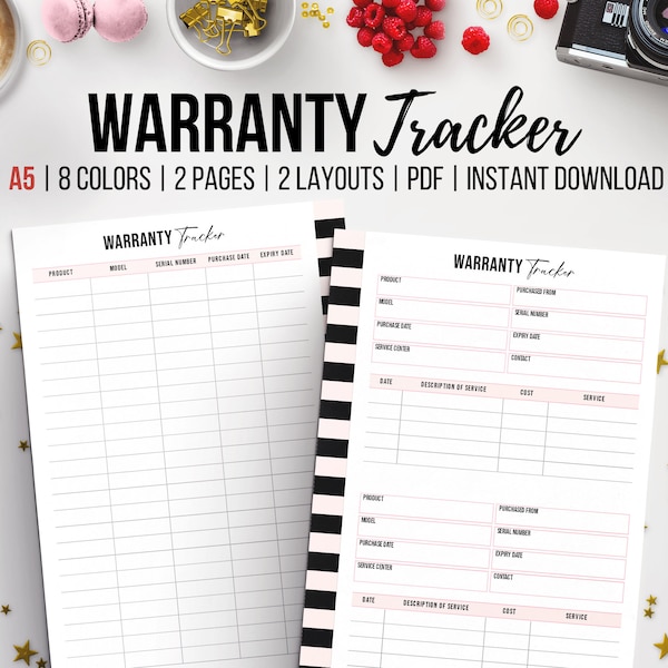 Warranty Tracker, Printable Warranty Log, Household Planner Insert, Product Maintenance, Repair Tracker, Household Supplies Tracker, A5