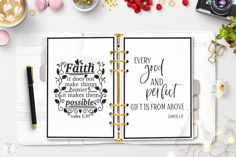 A collection of printable A5 Bible verse dashboards, featuring designs with quotes from Luke 1:37 and James 1:17