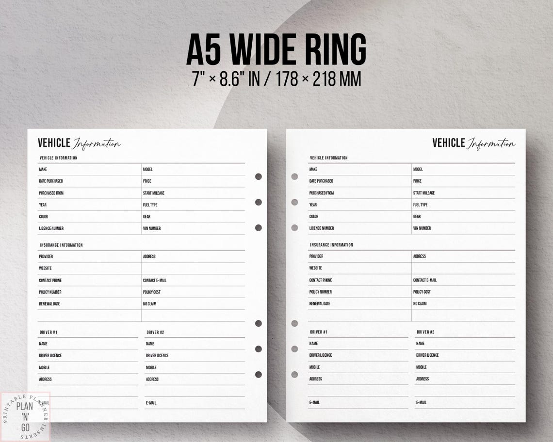 Buy Vehicle Information Log, Printable Car Info Sheet, Minimalist ...