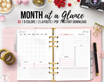 Month at a Glance Printable, Monthly Undated Calendar, Bill Tracker, Habit Journal, To-Do List, Monthly Overview, Planner on 2 Pages, A5
