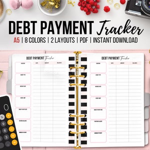 Schuldentracker, afdrukbare schuldaflossingtracker, financiële planner, persoonlijke financiën, wekelijkse schuldbetaling budget, A5-plannerbijlagen