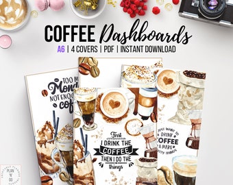 Coffee Planner Dashboard, Printable Planner Cover, Set of 4, Coffee Themed Planner Divider, Watercolor Travel Coffee Mug, A6 Planner Insert