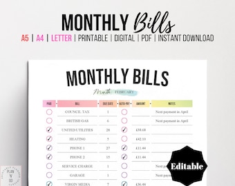 May include: A printable monthly bill tracker with a checklist for February. The tracker includes columns for bill name, due date, auto-pay, amount, and notes. The tracker is designed to help you stay organized and on top of your finances.
