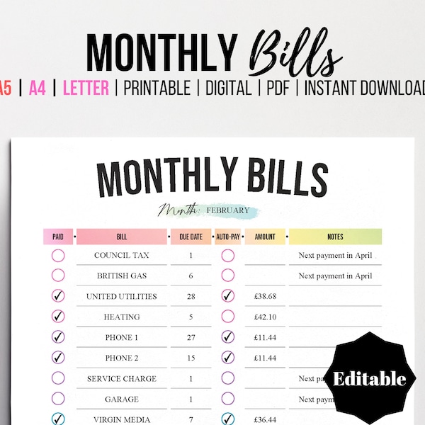 Editable Monthly Bill Tracker, Bill Planner, Monthly Bill Log, Bill Payment Checklist, Printable Bill Payment Tracker, A5, A4, Letter