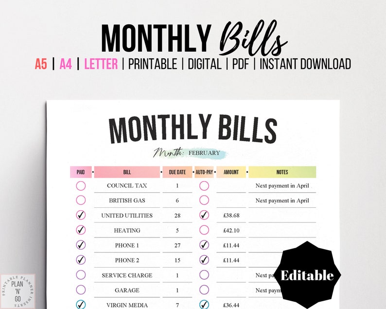 May include: A printable monthly bill tracker with a checklist for February. The tracker includes columns for bill name, due date, auto-pay, amount, and notes. The tracker is designed to help you stay organized and on top of your finances.